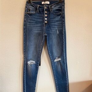 KanCan Button-Fly Distressed Skinny Jeans - Blue